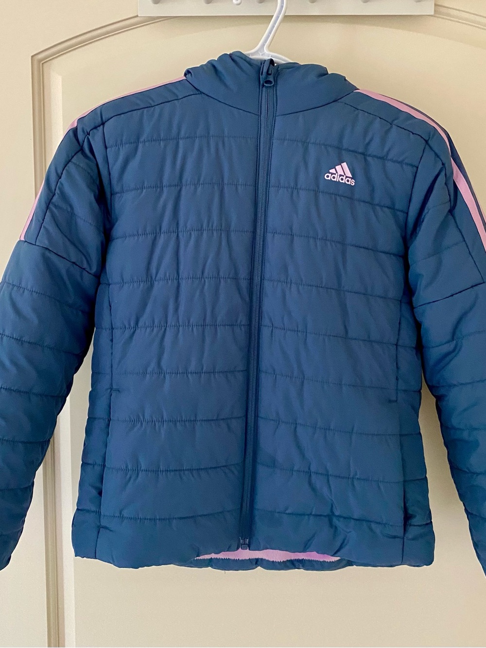 adidas Girl’s Navy Puffer Jacket with Pink Stripes Size 10-12